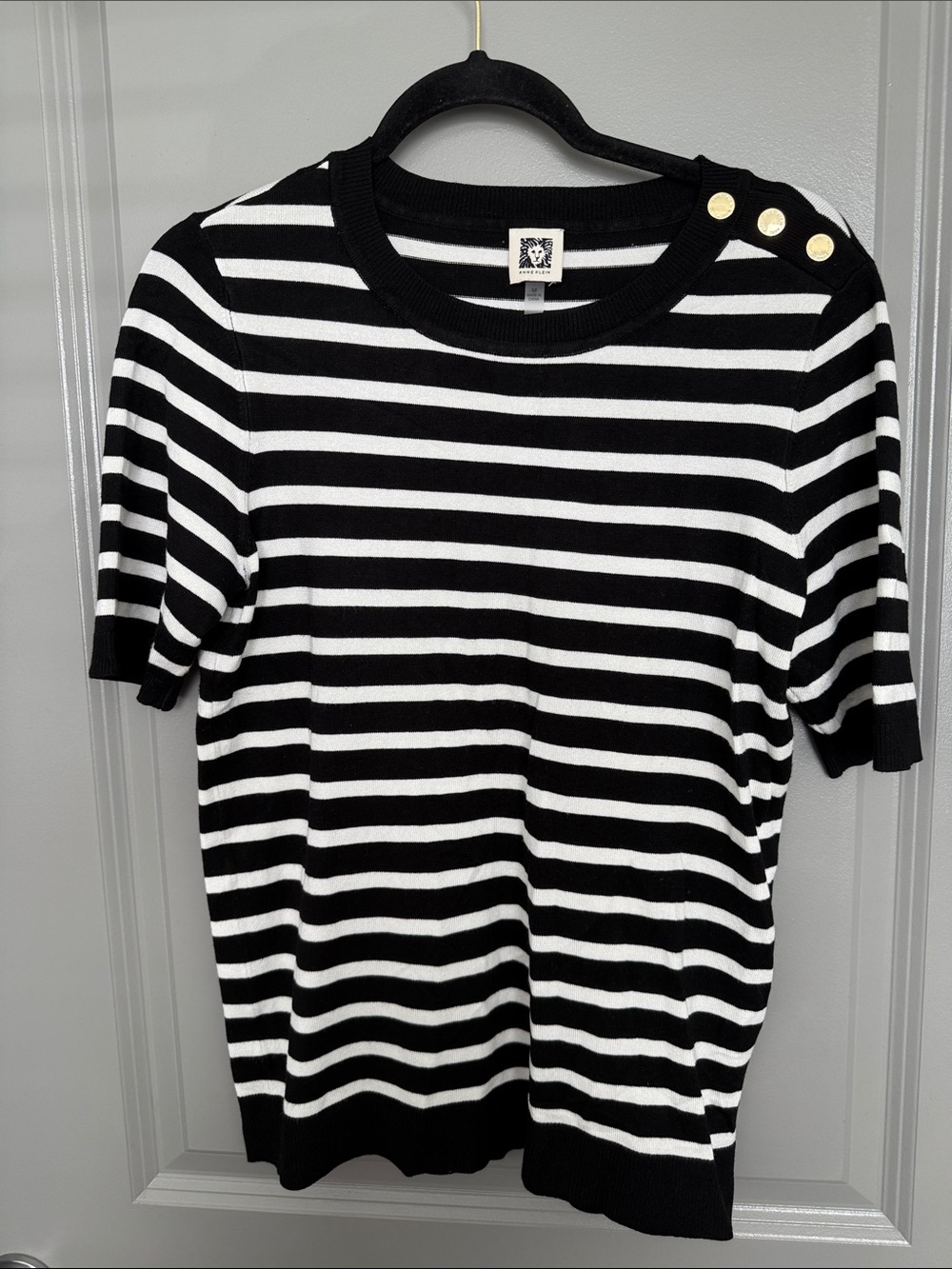 Anne Klein Black and White Striped Short Sleeve Sweater with Gold Buttons
